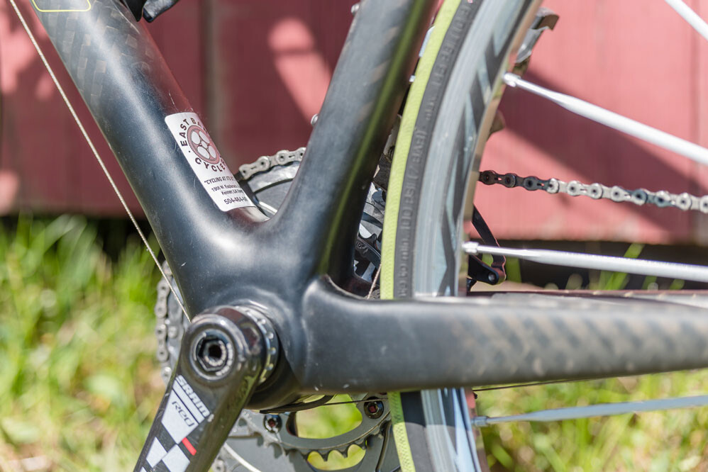 close up of bike with sticker by leland company